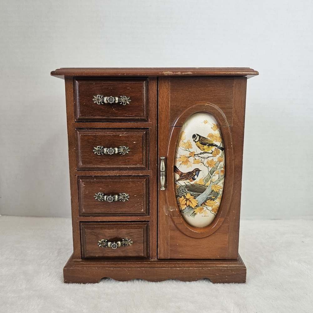 Vintage Wooden Jewelry Organizer Box w 4 Drawers + Mirror